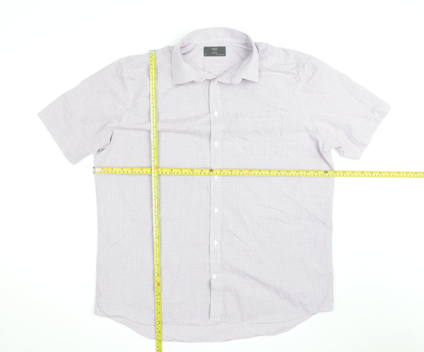 Marks and Spencer Men’s White Check Short Sleeve Regular Fit Shirt Size 17