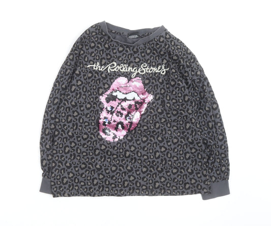 The Rolling Stones Women's Grey Leopard Sequin Long Sleeve T-Shirt Size 8