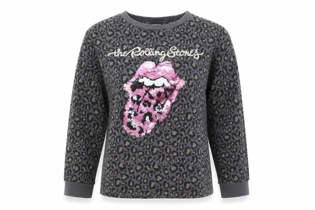 The Rolling Stones Women's Grey Leopard Sequin Long Sleeve T-Shirt Size 8