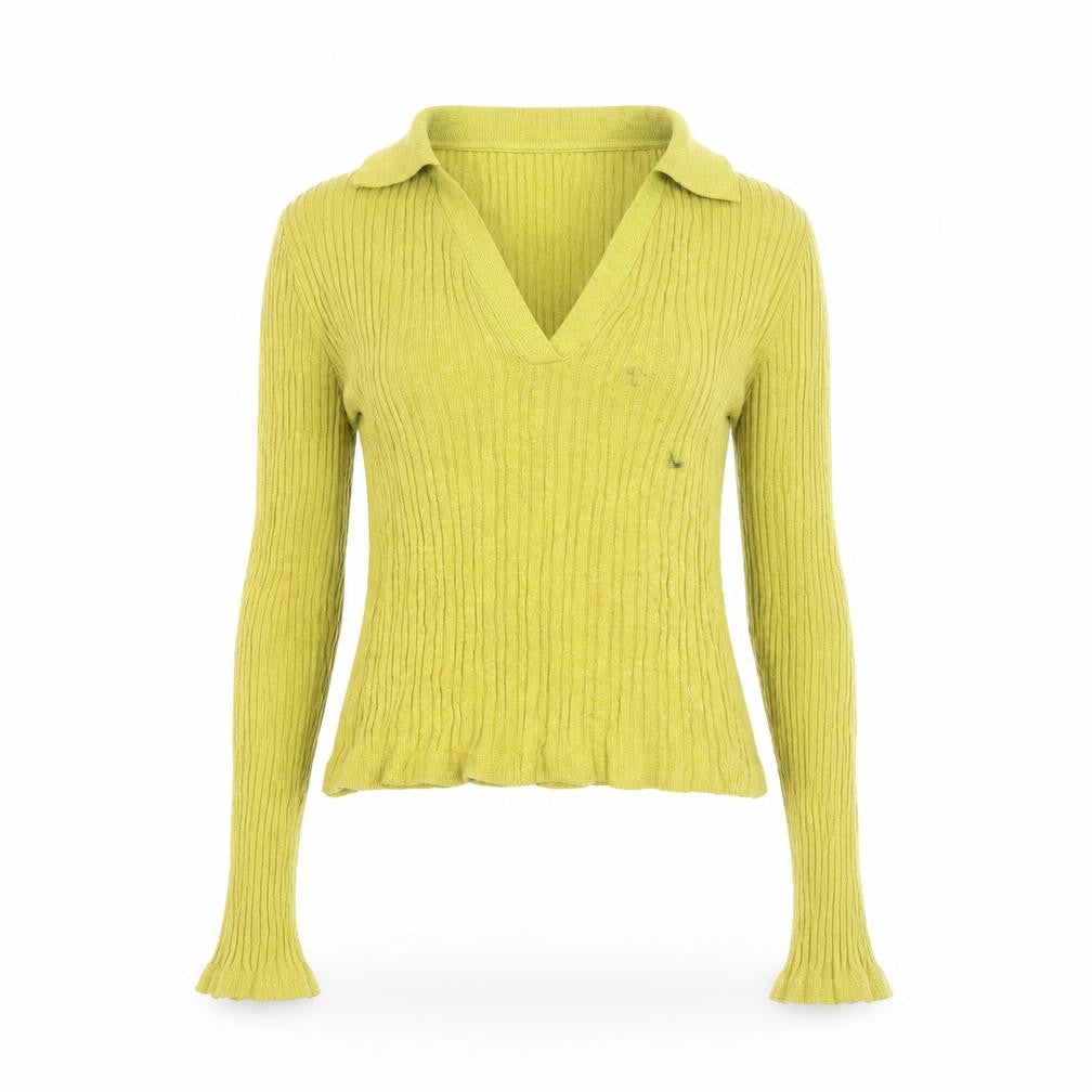 Urban Outfitters Women's Green V-Neck Ribbed Knit Jumper Size S