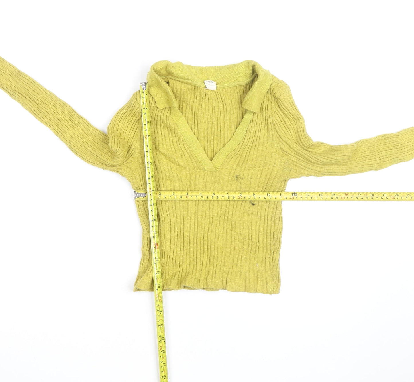 Urban Outfitters Women's Green V-Neck Ribbed Knit Jumper Size S