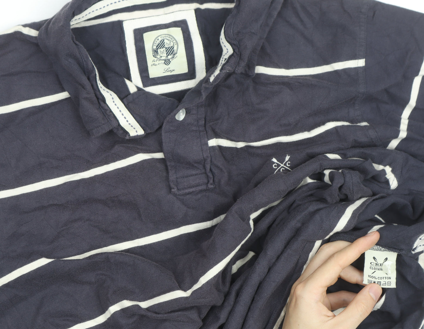 Crew Clothing Co Mens Navy Blue Striped Cotton Polo Shirt Size L