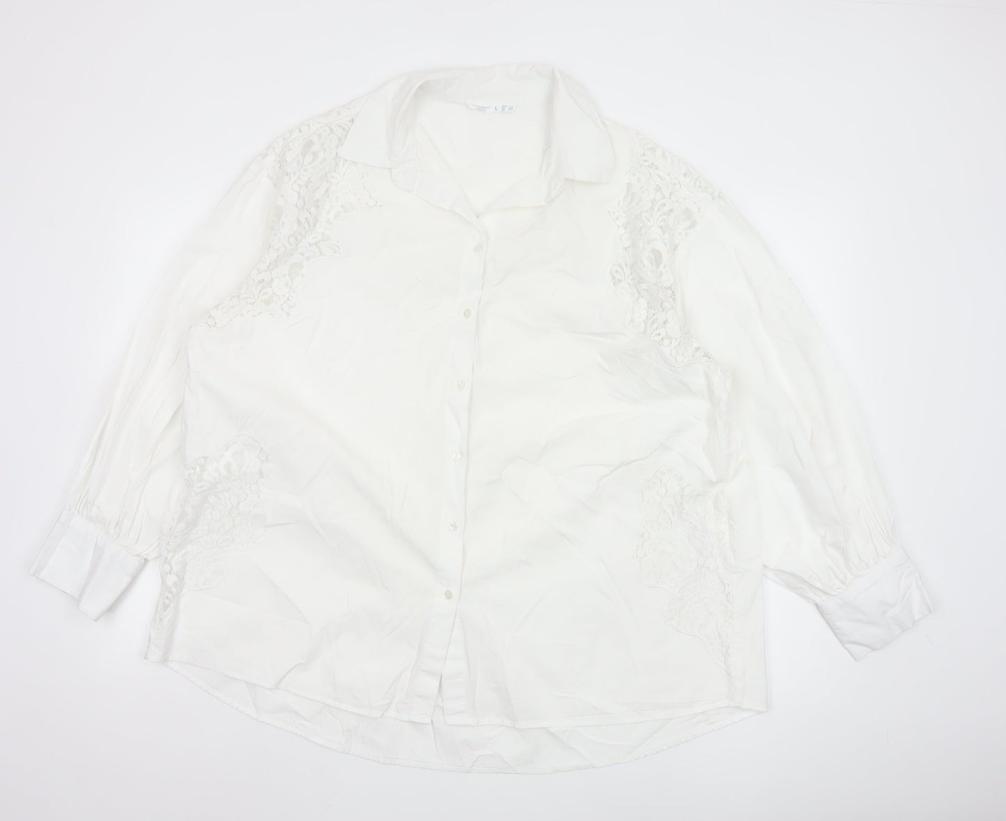 Primark Women White L Collared Lace Button-Up Shirt Long Sleeve