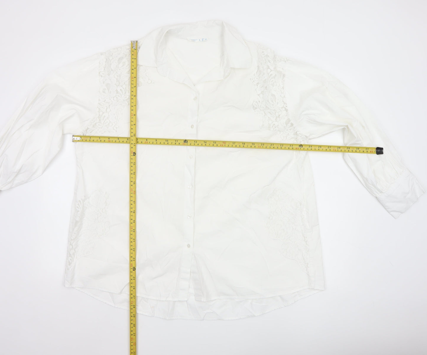 Primark Women White L Collared Lace Button-Up Shirt Long Sleeve