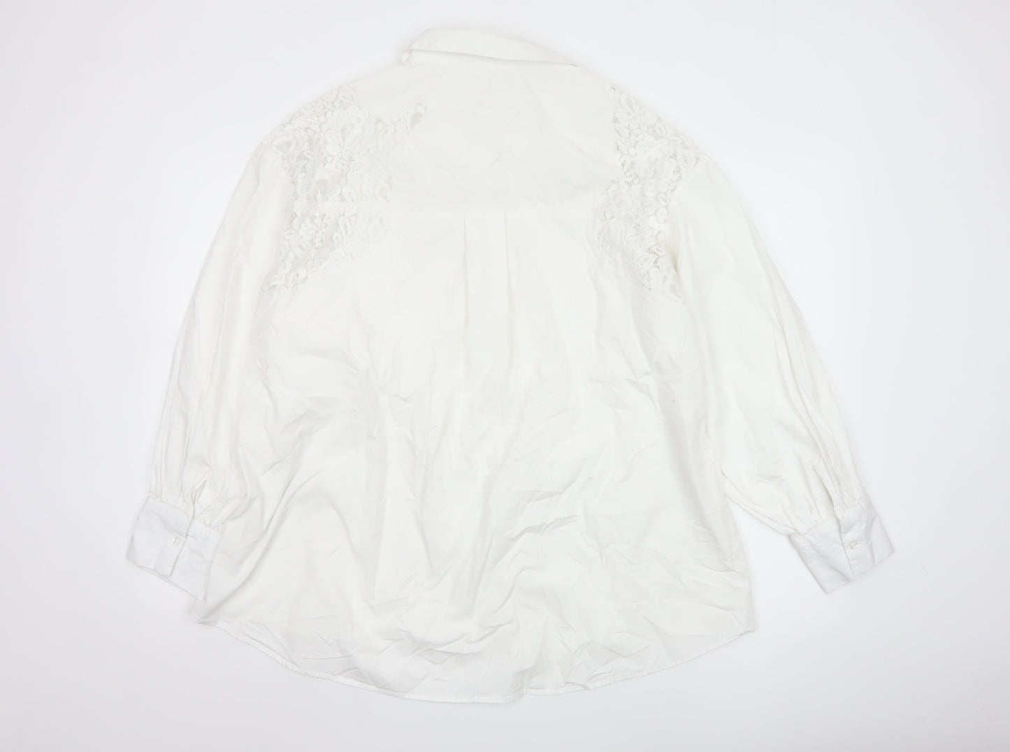 Primark Women White L Collared Lace Button-Up Shirt Long Sleeve