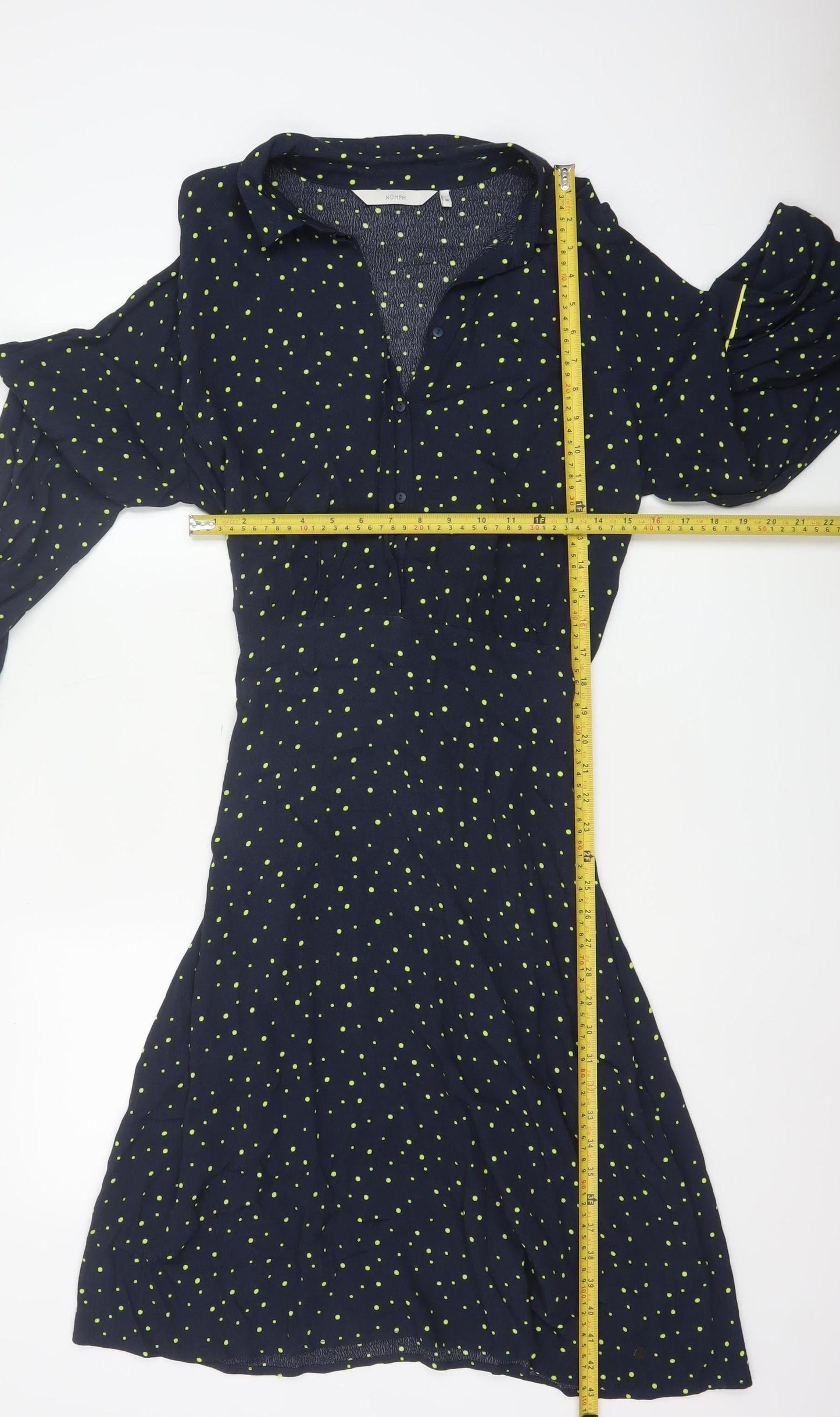 Nümph Women Blue Polka Dot Shirt Dress Size 12 Collared Long Sleeve