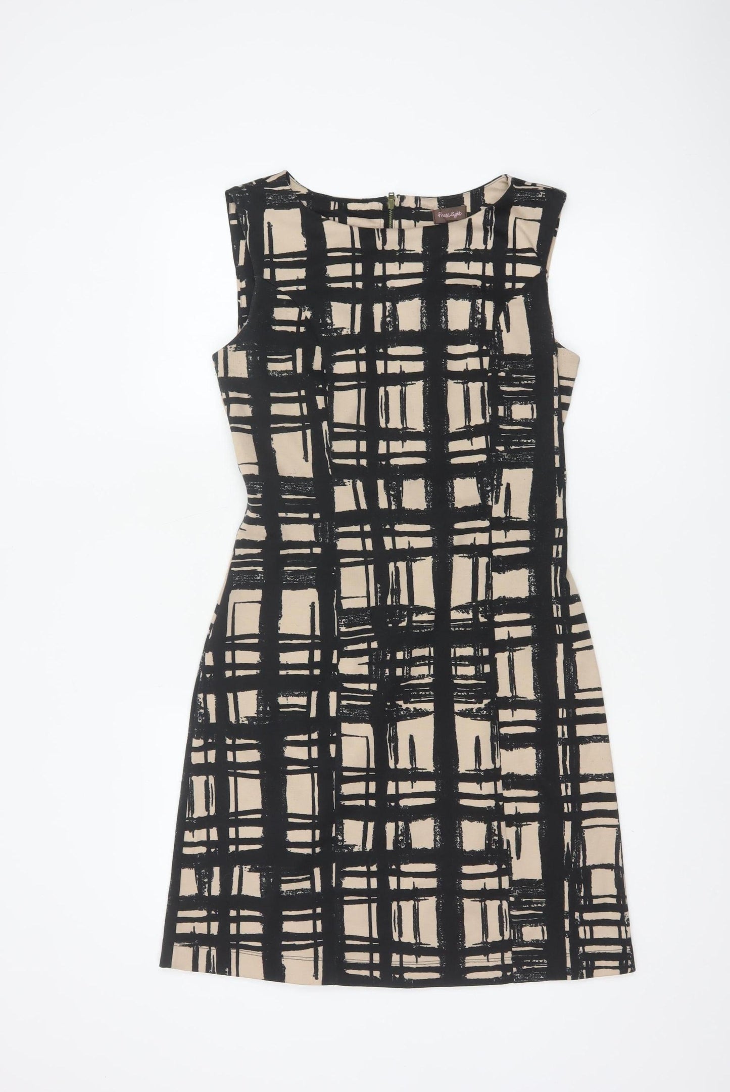 Phase Eight Women Beige Black Check Shift Dress Size 10 Sleeveless
