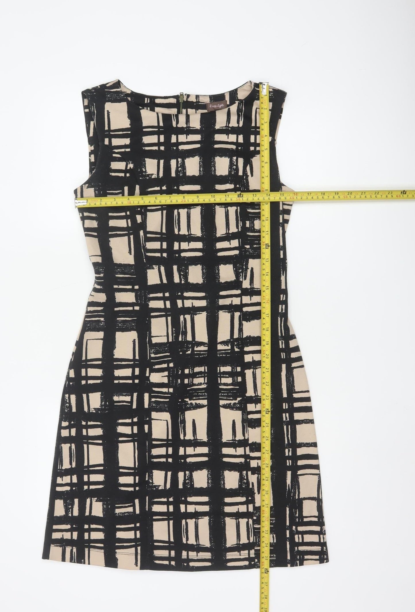 Phase Eight Women Beige Black Check Shift Dress Size 10 Sleeveless