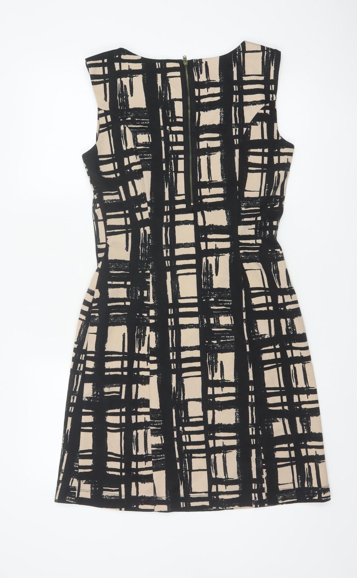 Phase Eight Women Beige Black Check Shift Dress Size 10 Sleeveless
