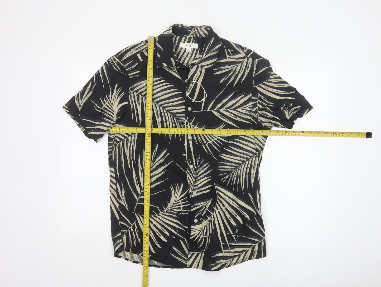 Marks and Spencer Men's Black Tropical Short Sleeve Button-Up Shirt Size S