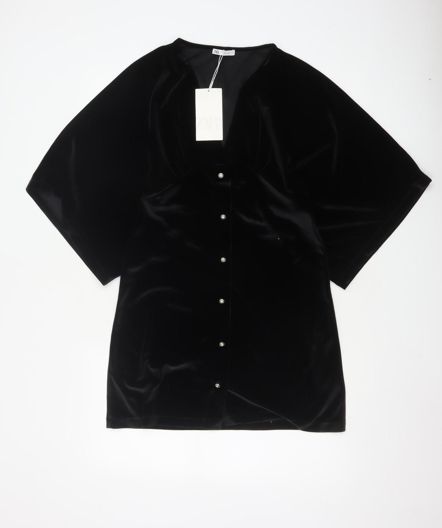 ZARA Women Black Velvet V-Neck Kimono Sleeve Shift Dress Size 8