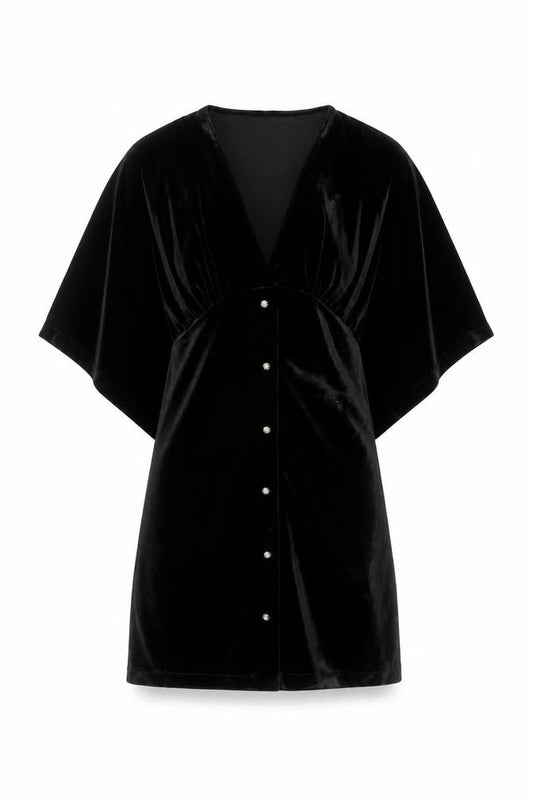 ZARA Women Black Velvet V-Neck Kimono Sleeve Shift Dress Size 8