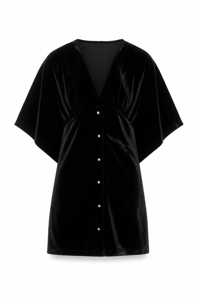 Zara Women Black Velvet V-Neck Kimono Sleeve Shift Dress Size 8