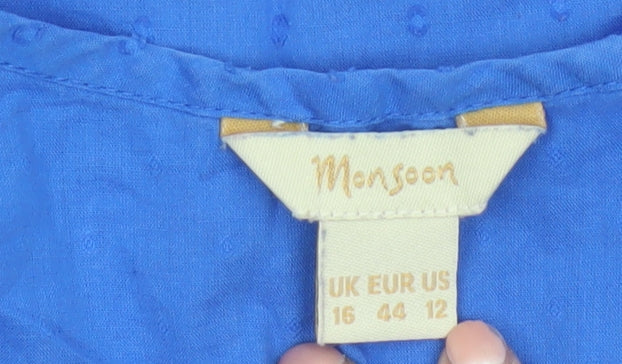 Monsoon Women Blue 100% Cotton Tunic Blouse Size 16 Sleeveless