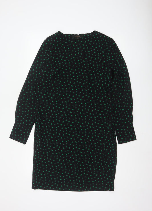 Next Women Black Green Floral Shift Dress Size 10 Long Sleeve