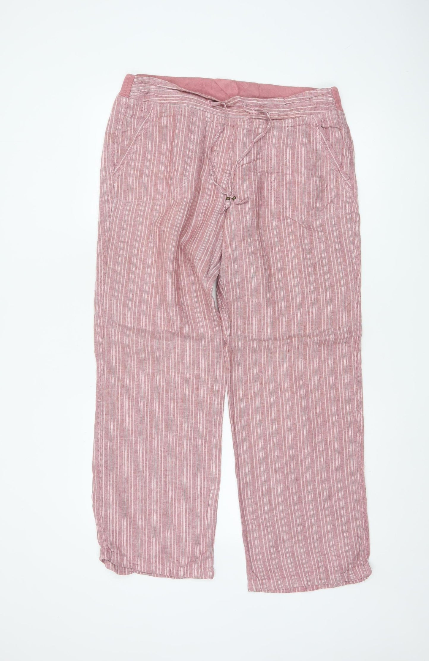 Marks and Spencer Women Pink Striped Linen Wide-Leg Trousers Size 12
