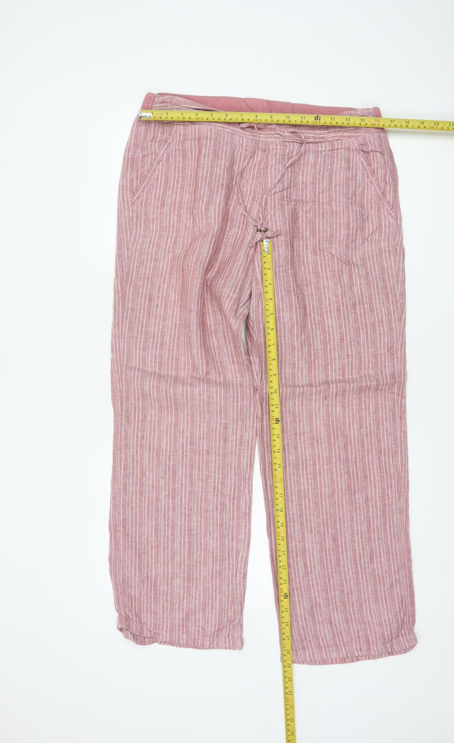 Marks and Spencer Women Pink Striped Linen Wide-Leg Trousers Size 12