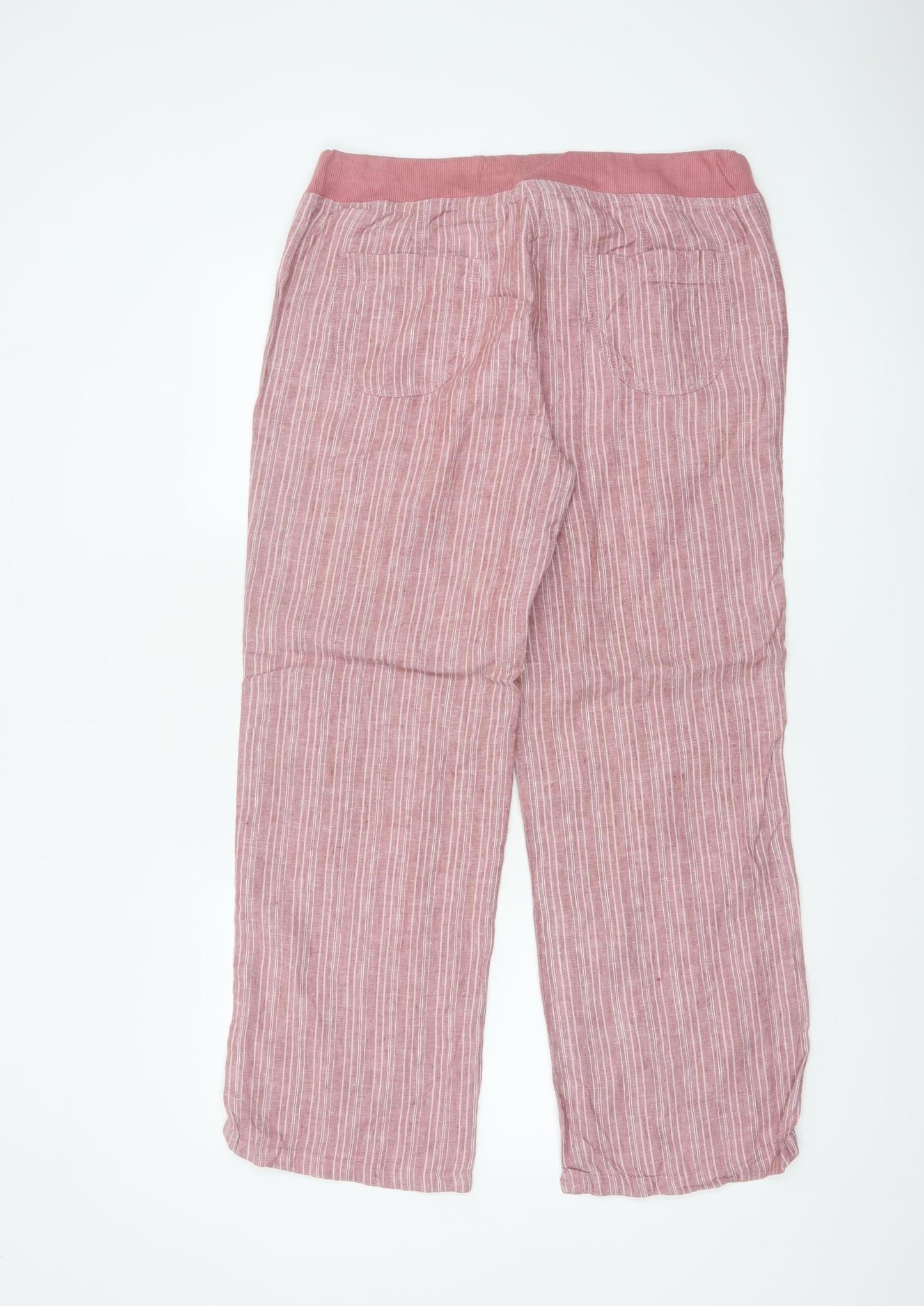 Marks and Spencer Women Pink Striped Linen Wide-Leg Trousers Size 12