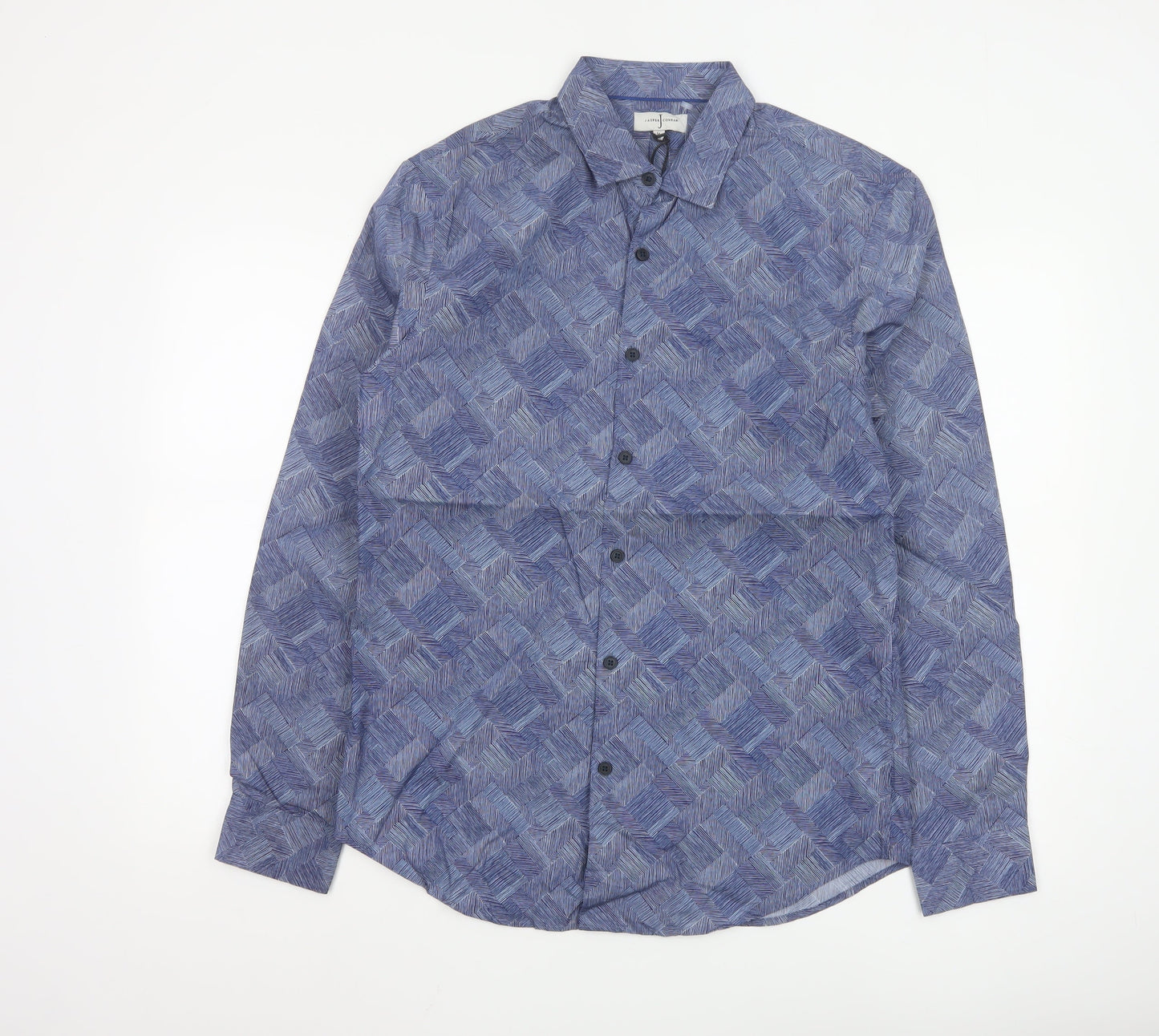 Jasper Conran Men's Blue Geometric Cotton Long Sleeve Shirt M