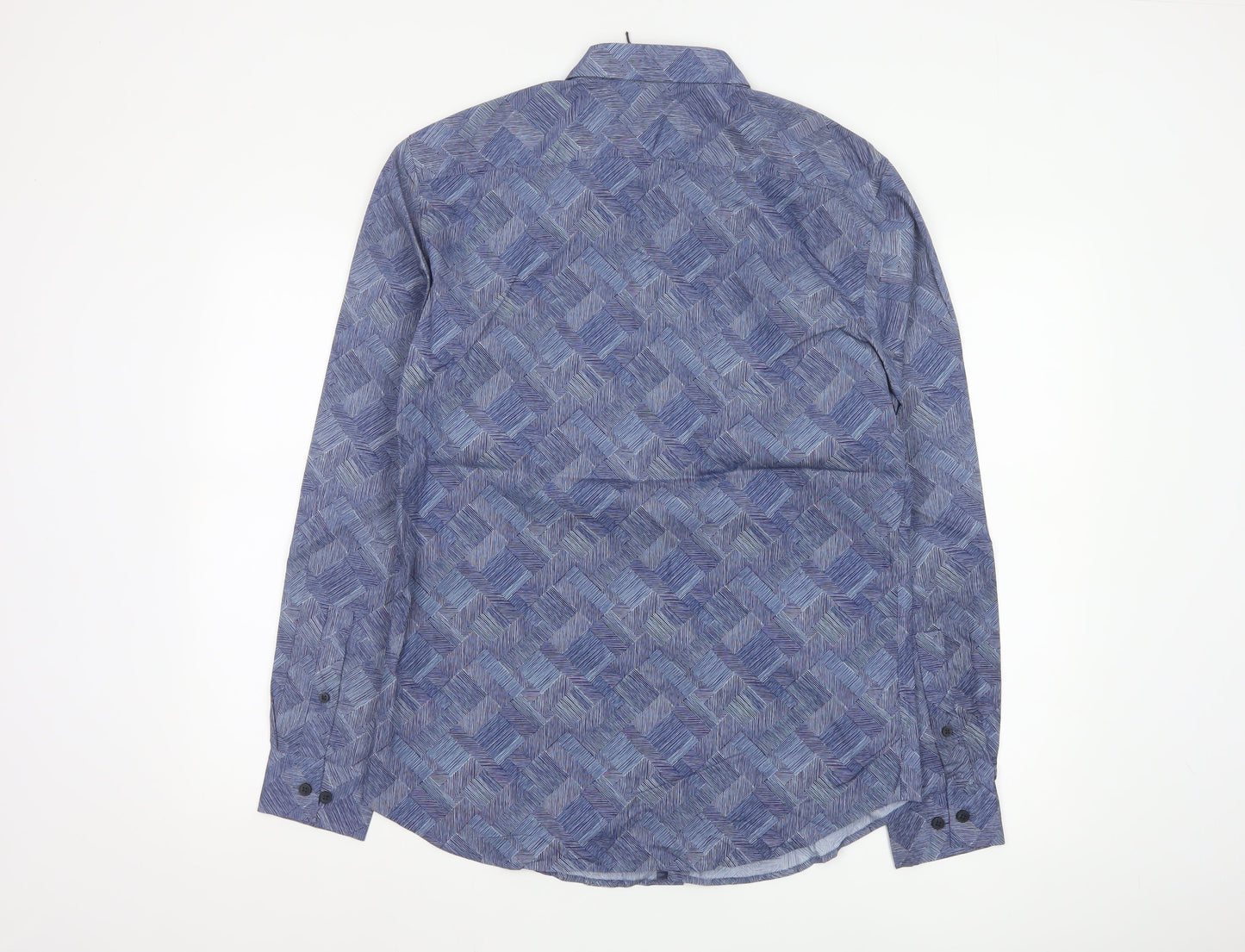 Jasper Conran Men's Blue Geometric Cotton Long Sleeve Shirt M