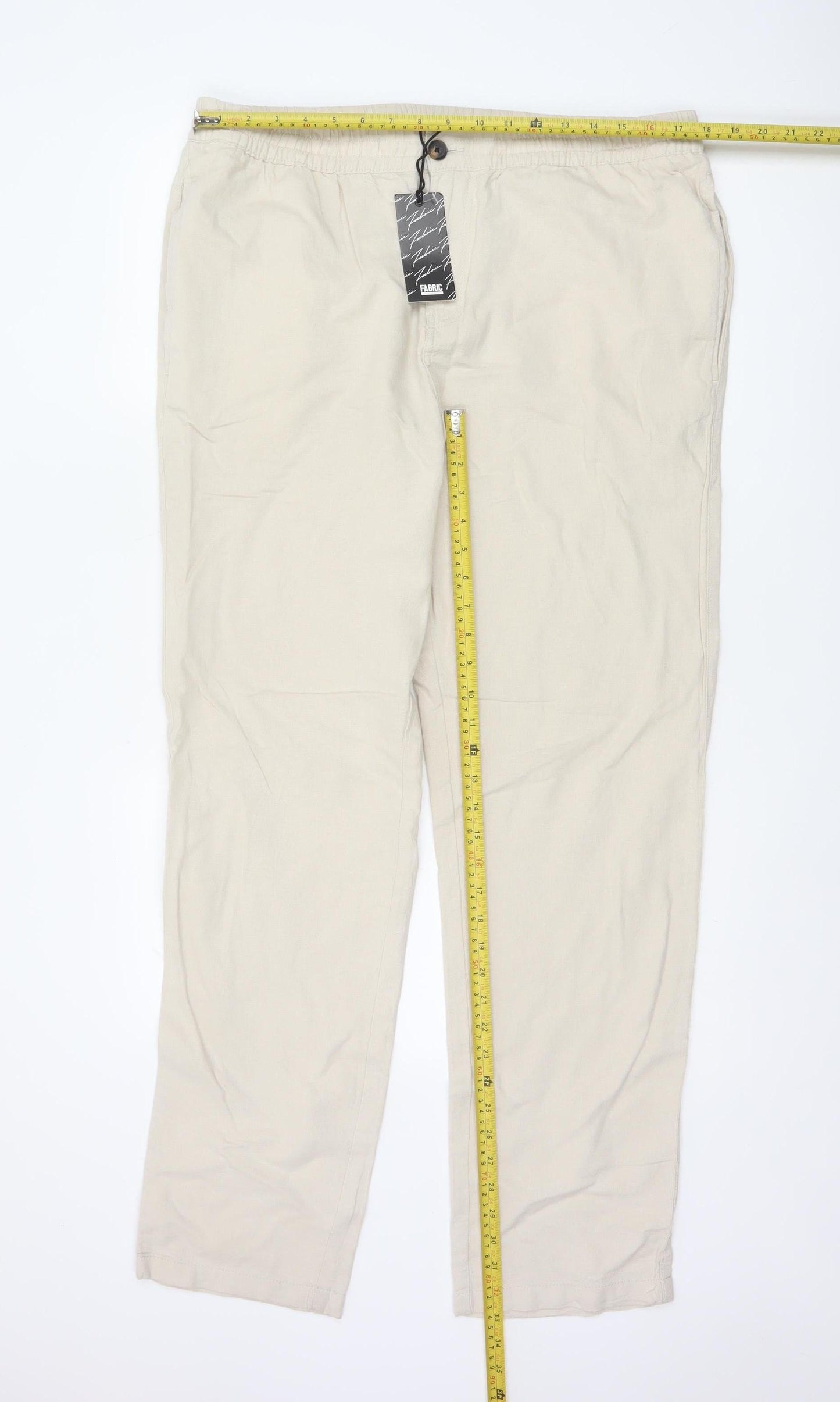 Fabric Beige Cotton Linen Men's L Casual Elastic Waist Trousers