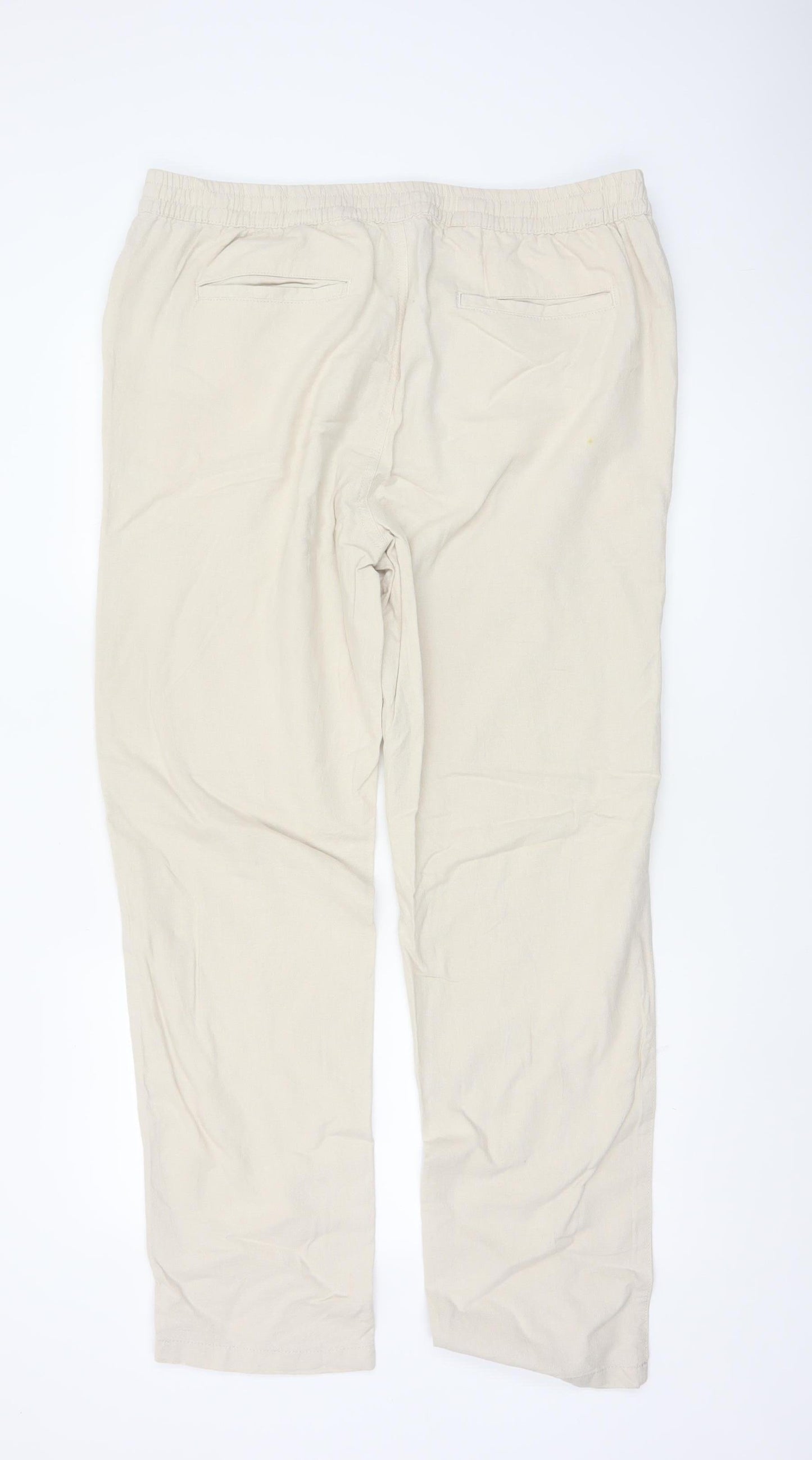 Fabric Beige Cotton Linen Men's L Casual Elastic Waist Trousers
