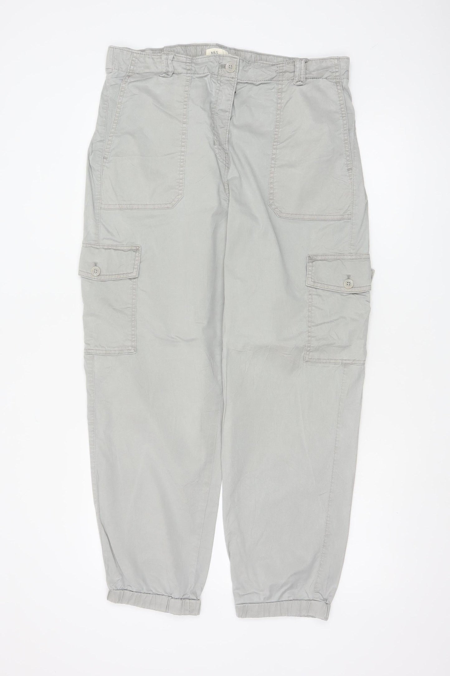 Marks and Spencer Women Light Grey Cargo Trousers Size 16 Regular Cotton Blend