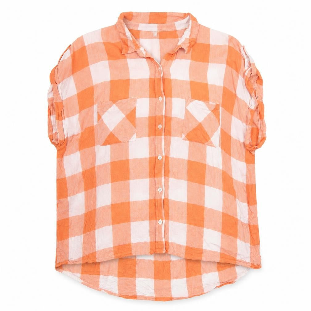Next Women Orange Check Button-Up Blouse Size 20 Viscose