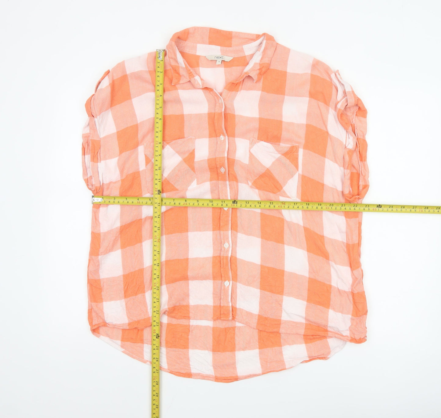 Next Women Orange Check Button-Up Blouse Size 20 Viscose