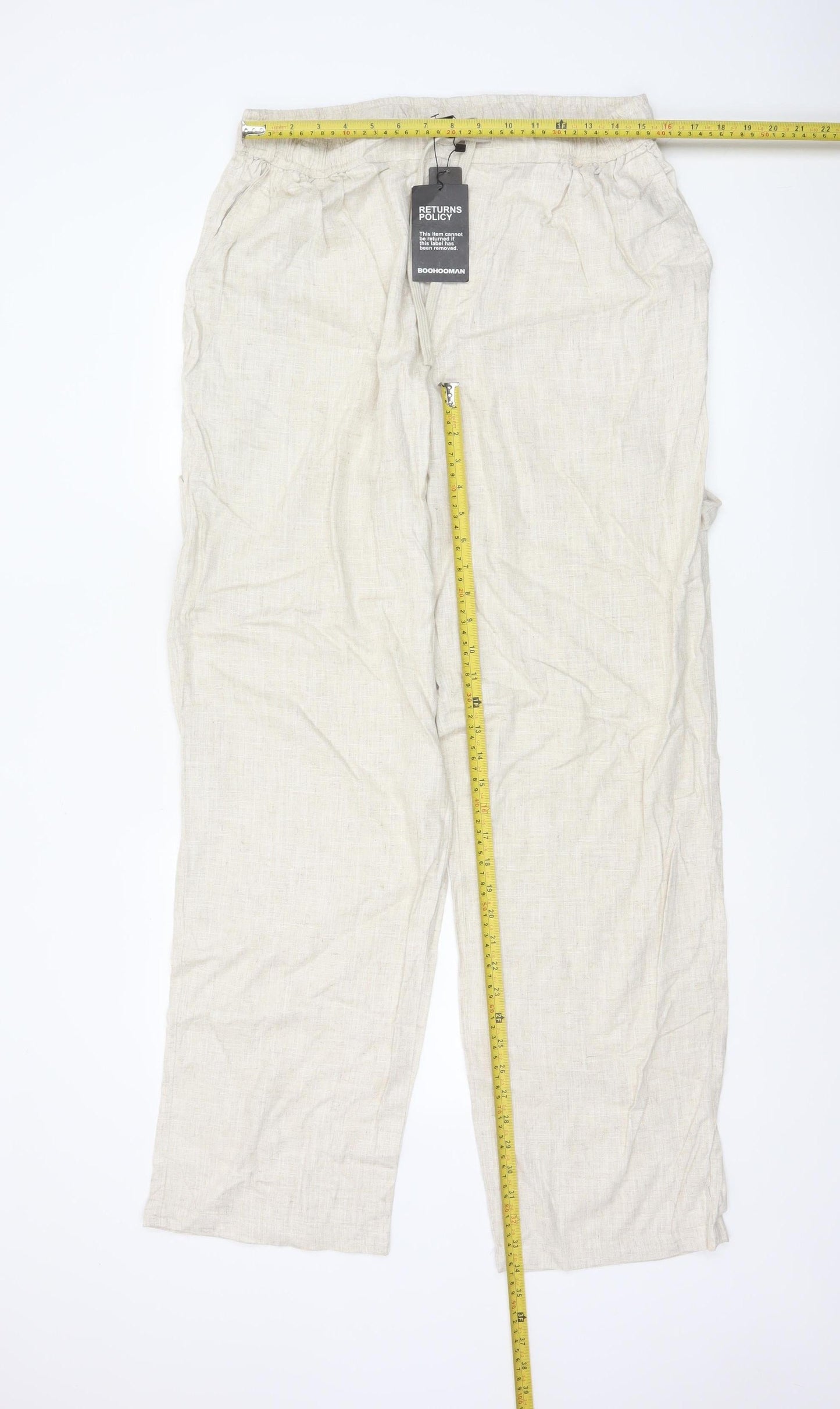 boohooMAN Men's Beige Linen Blend Casual Trousers Size L