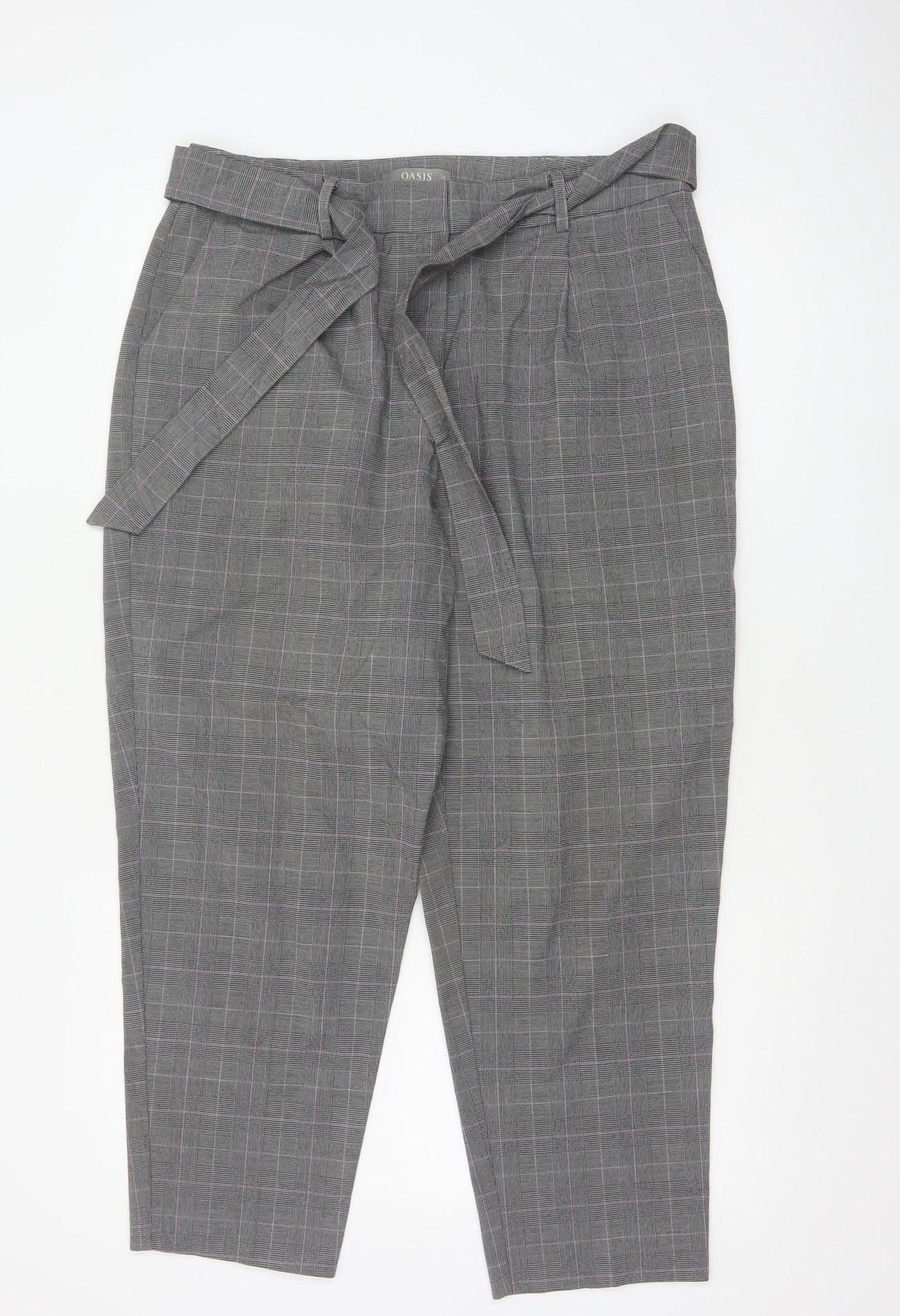Oasis Womens Grey Check Belted Tapered Trousers Size 14