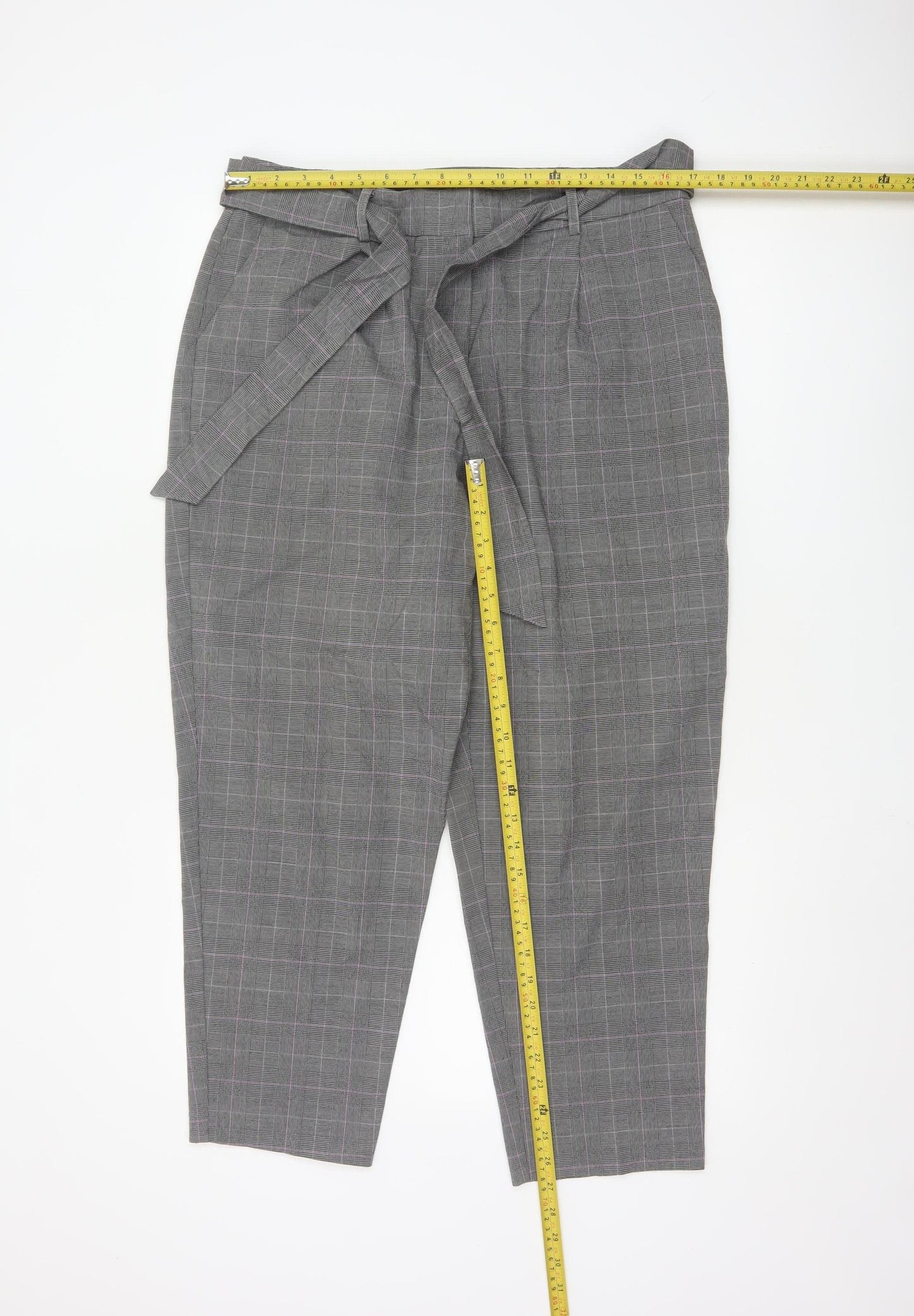 Oasis Womens Grey Check Belted Tapered Trousers Size 14