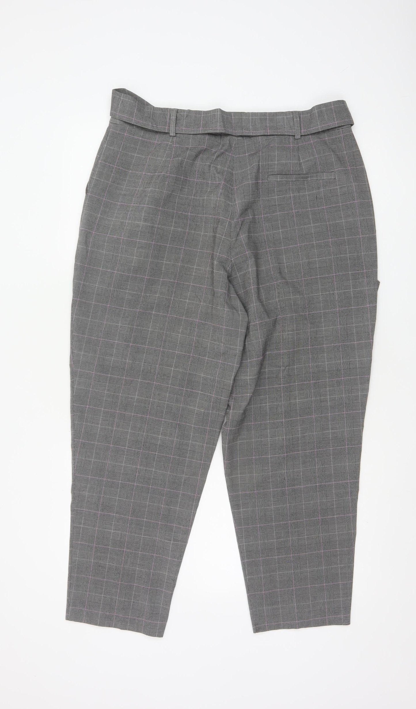 Oasis Womens Grey Check Belted Tapered Trousers Size 14