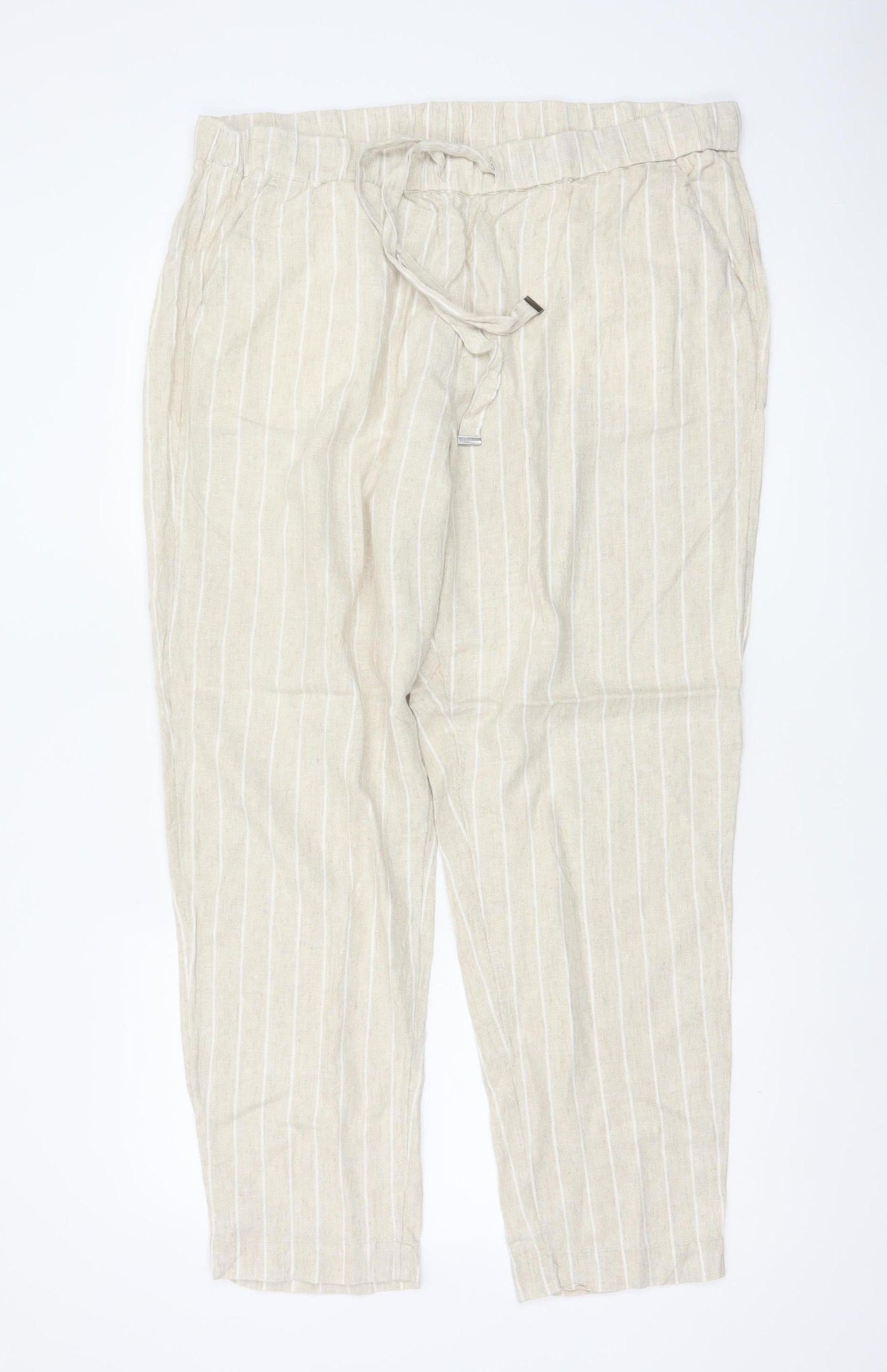 Marks and Spencer Womens Beige Striped Linen Blend Tapered Trousers Size 18