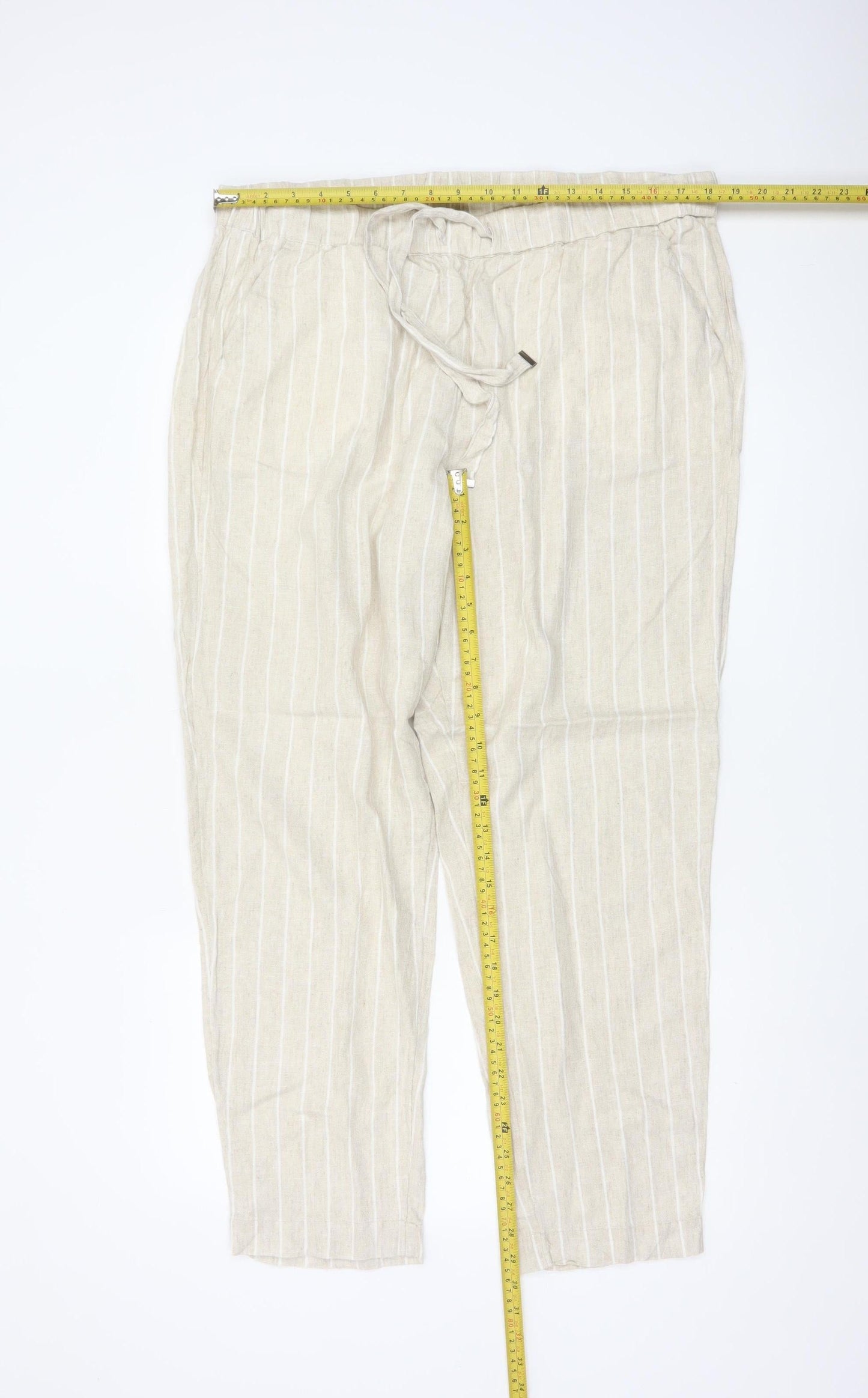 Marks and Spencer Womens Beige Striped Linen Blend Tapered Trousers Size 18