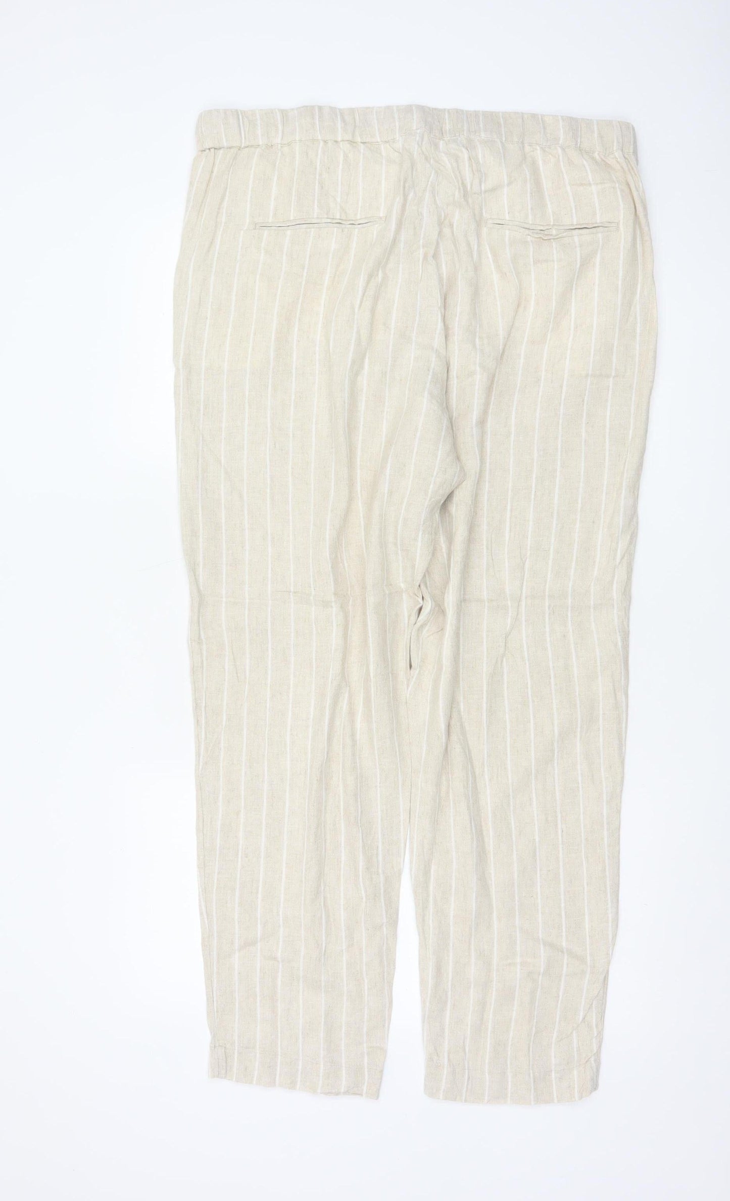 Marks and Spencer Womens Beige Striped Linen Blend Tapered Trousers Size 18