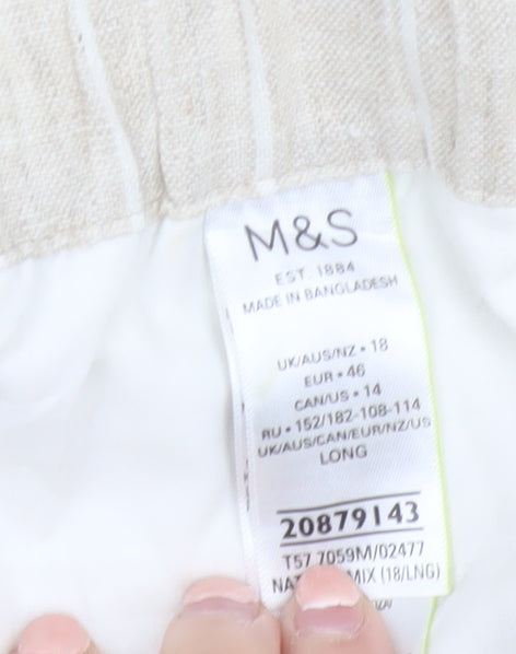 Marks and Spencer Womens Beige Striped Linen Blend Tapered Trousers Size 18