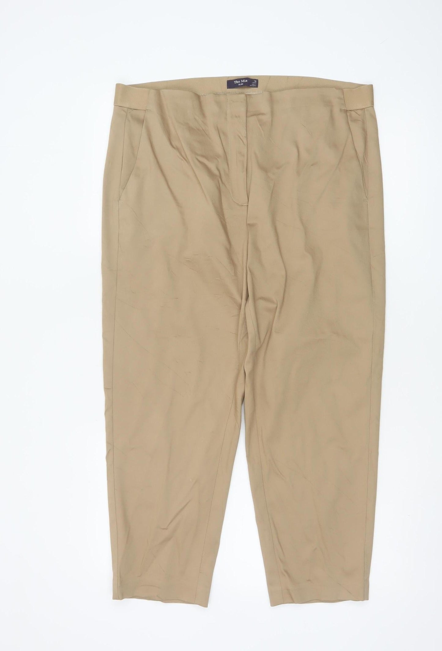 Marks and Spencer Women Beige Chino Trousers Size 16 Long Cotton Blend