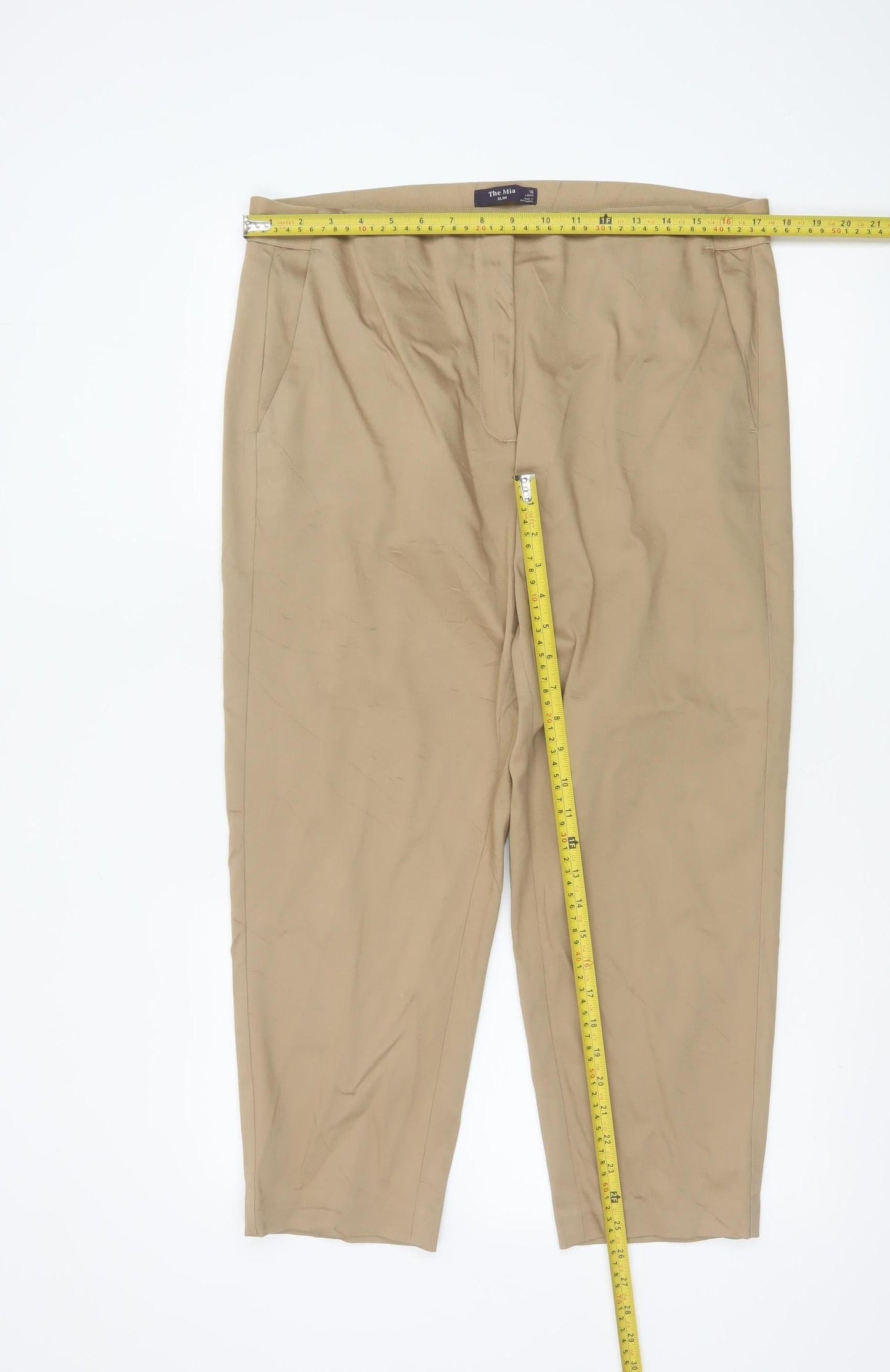 Marks and Spencer Women Beige Chino Trousers Size 16 Long Cotton Blend