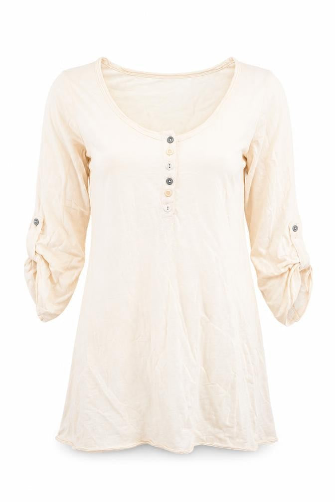 AKOZ Women's Beige Cotton 3/4 Sleeve Button Tunic Top S