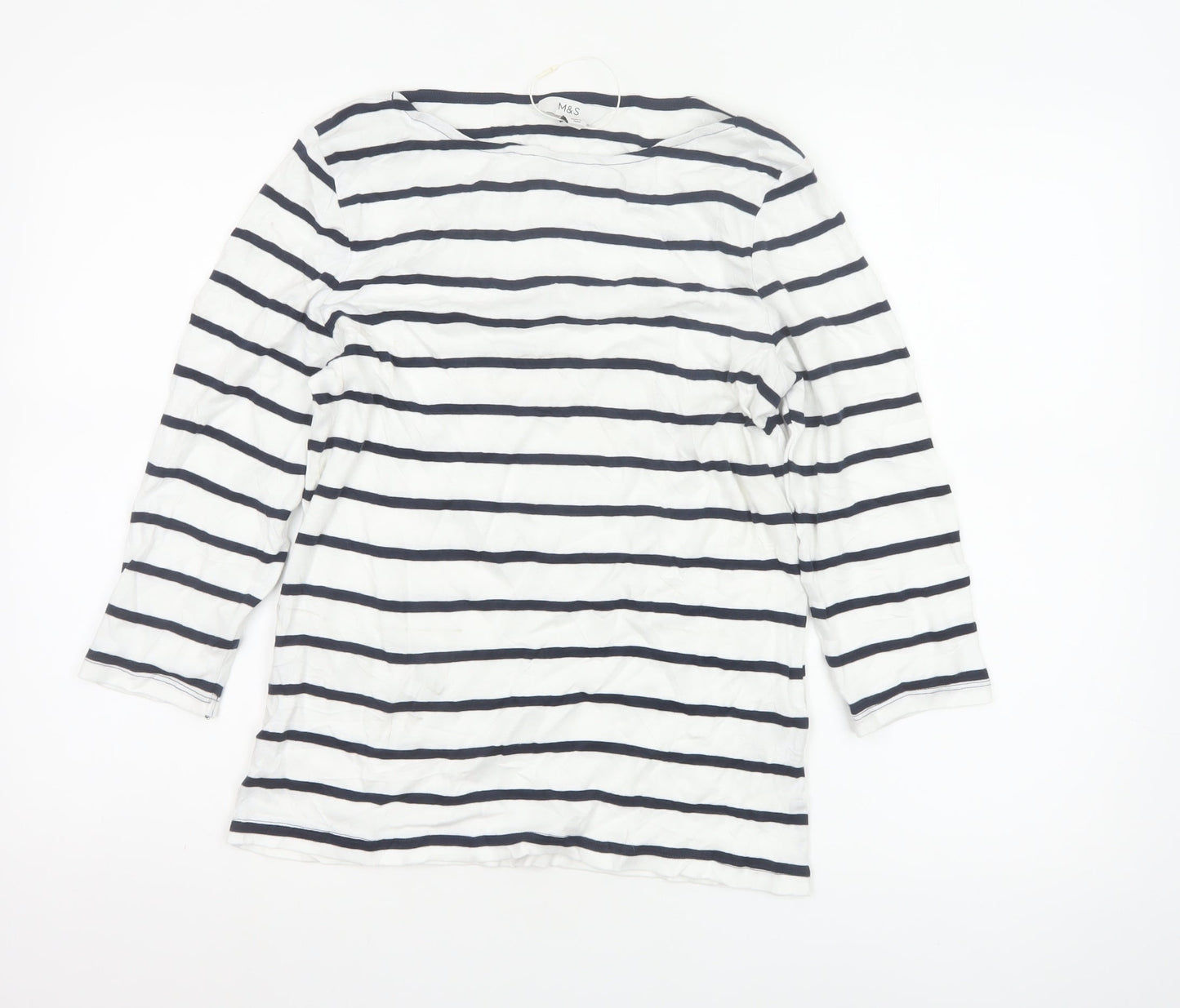 Marks and Spencer Women's White Striped 3/4 Sleeve Cotton T-Shirt Size 14