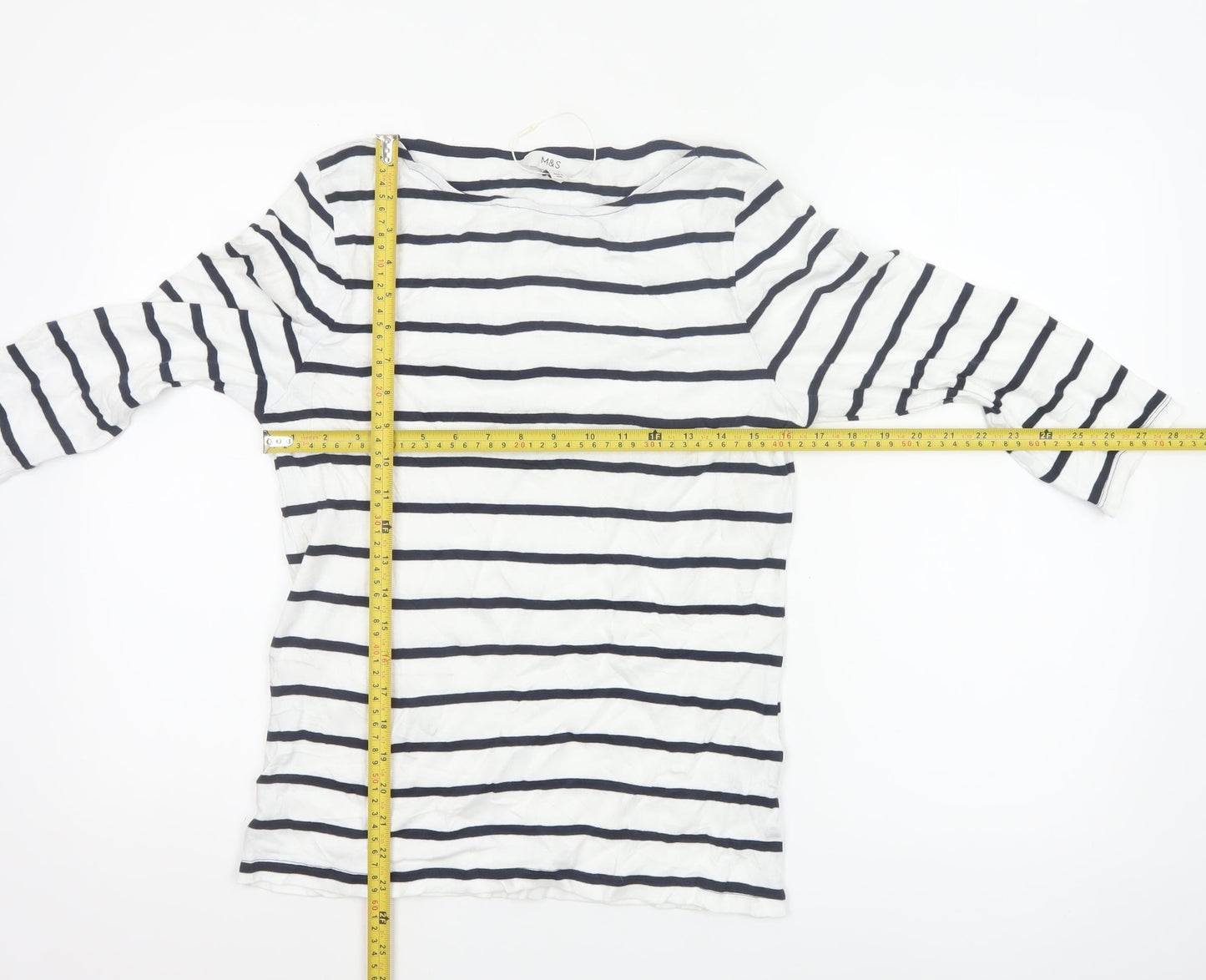 Marks and Spencer Women's White Striped 3/4 Sleeve Cotton T-Shirt Size 14