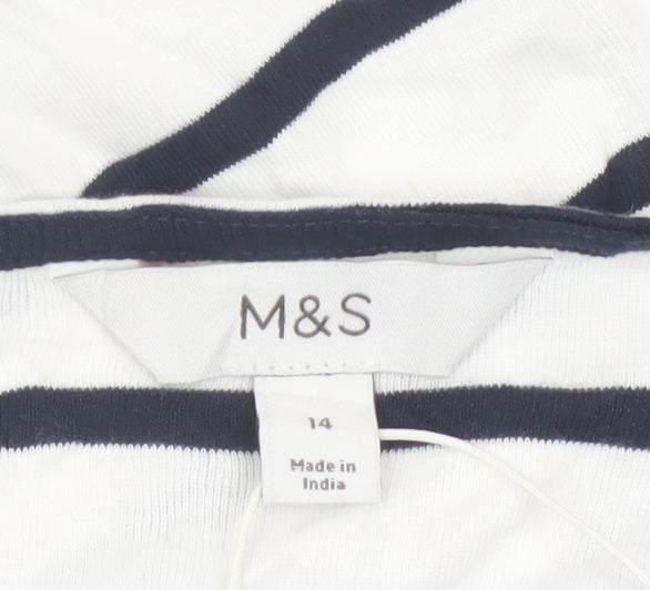 Marks and Spencer Women's White Striped 3/4 Sleeve Cotton T-Shirt Size 14