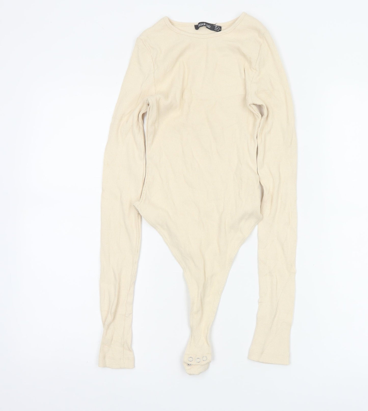 Boohoo Women Beige Long Sleeve Ribbed Bodysuit UK 6