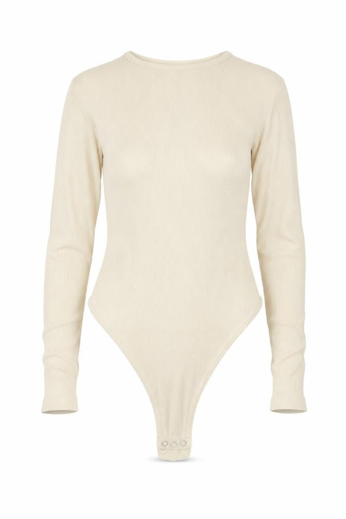 Boohoo Women Beige Long Sleeve Ribbed Bodysuit UK 6