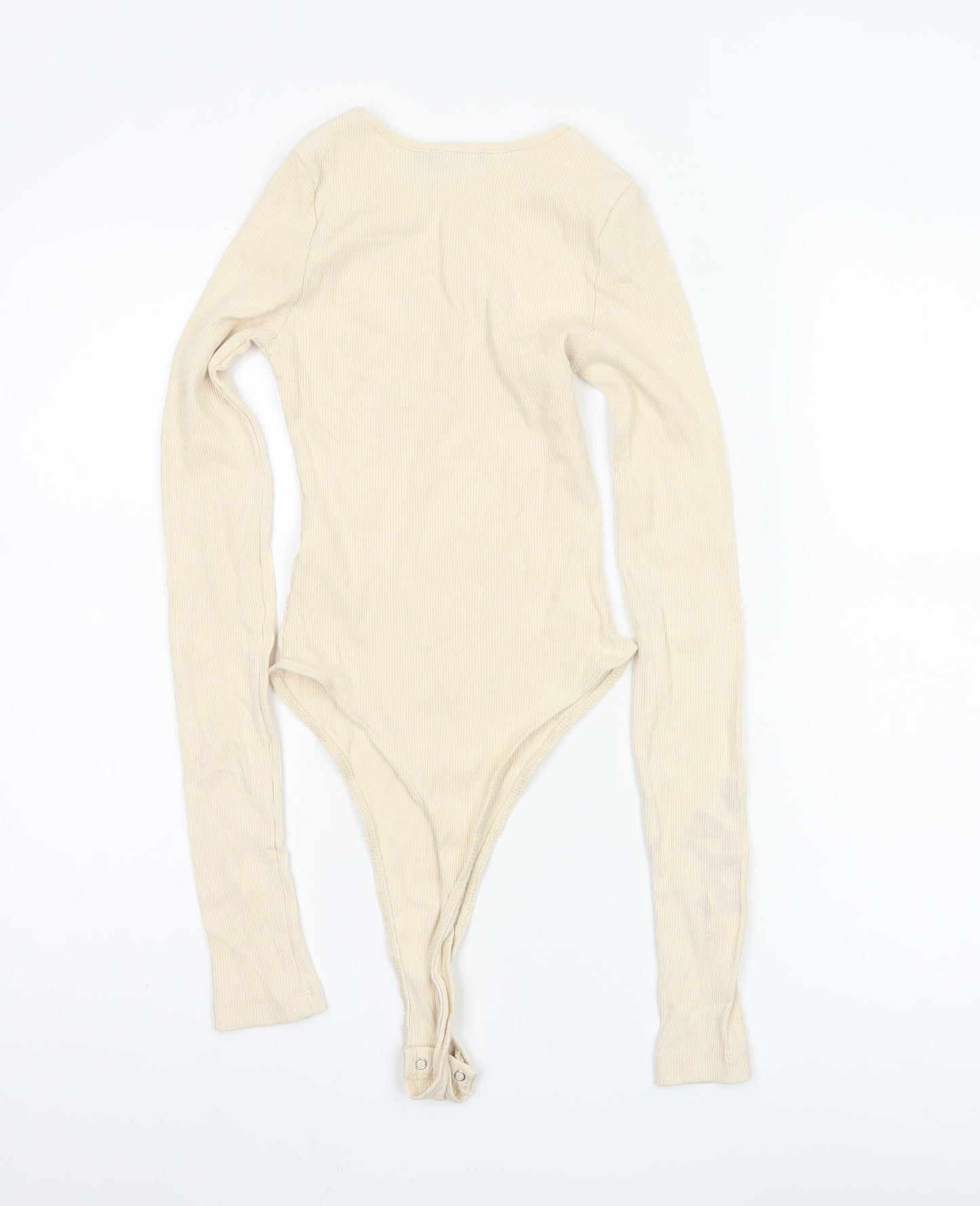 Boohoo Women Beige Long Sleeve Ribbed Bodysuit UK 6