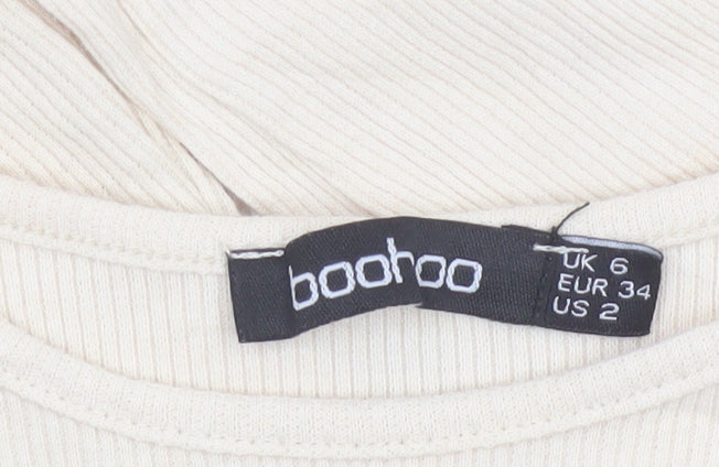 Boohoo Women Beige Long Sleeve Ribbed Bodysuit UK 6