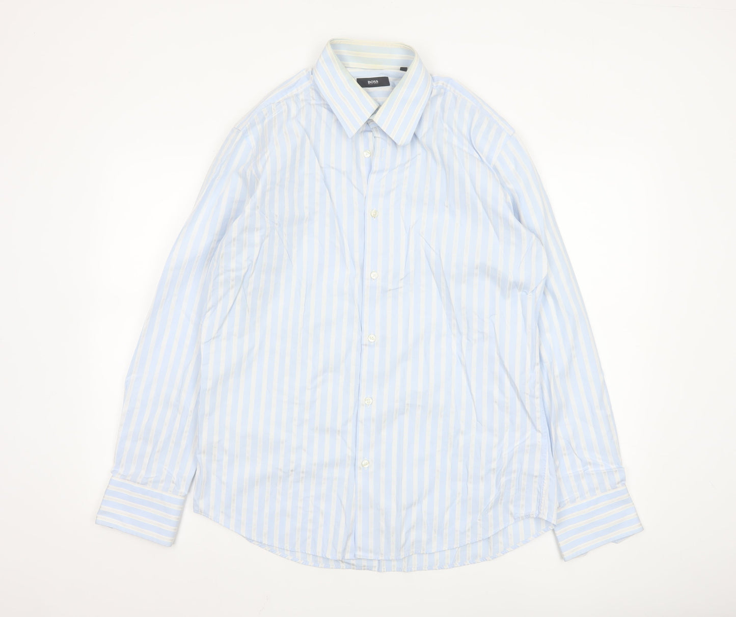 Hugo Boss Men's Blue White Striped Cotton Long Sleeve Shirt 16.5in 42