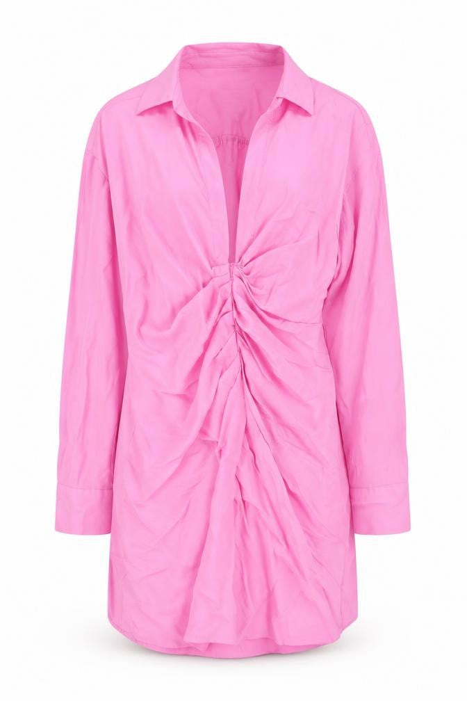 Zara Women’s Pink Ruched Collared Long Sleeve Shirt Dress Size 12