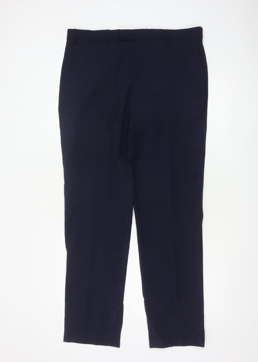 Marks and Spencer Men's Blue Regular Fit Wool Blend Dress Trousers 36W 33L